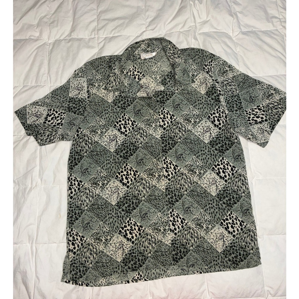 Voir Collection Large Animal Print Patchwork Button Down Shirt Sage Green